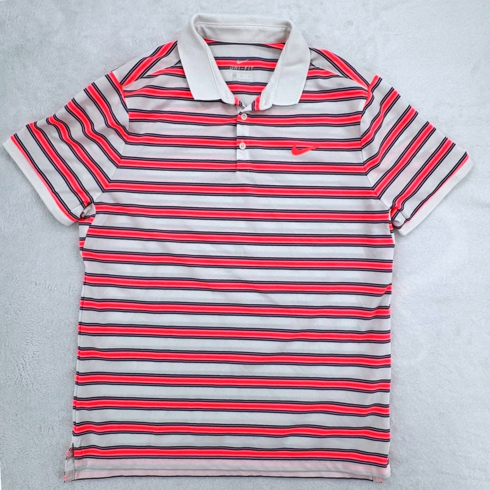 Nike Dri-FIT Mens Striped Golf Polo Shirt White Orange Navy Blue Size Medium